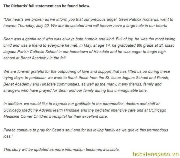 Confirmation of passing of Sean Patrick Richards
